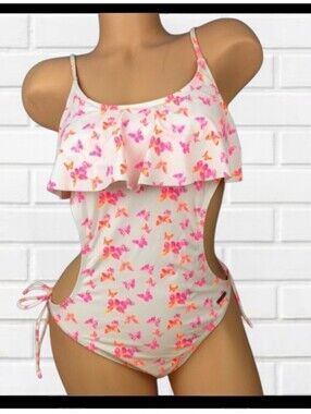 U.S. POLO Assn. Butterfly Print Cut-Out Monokini 1 Pc Swim Flounce Ruffle Sz Med